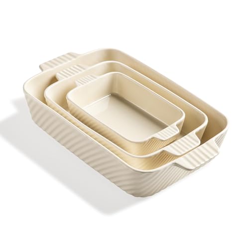 Sweejar Home Ceramic 13 x 9 Baking Pan, Cake Baking Dish for Brownie, Porcelain Striped Casserole Dishes for Oven with Handle for Lasagna, Family Dinner Set of 3(Beige)