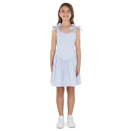 Speechless Girls' Striped Cotton Skater Dress with Bow Shoulders