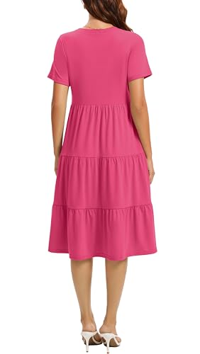 Image of Womens Summer Short Sleeve Crew Neck Midi Dress 2026 Casual Fit Flowy Tiered Beach Vacation Sundress with Pockets