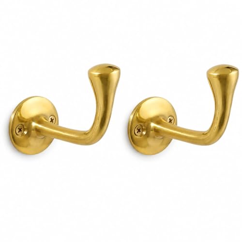 Aurea Brass Handcrafted Solid Brass Wall Hooks Set of 2, Antique Brass Coat Hooks Wall Mount for Entryway, Bathroom, Kitchen & Bedroom, Brass Towel Hooks for Towels, Robes, Hats & Bags