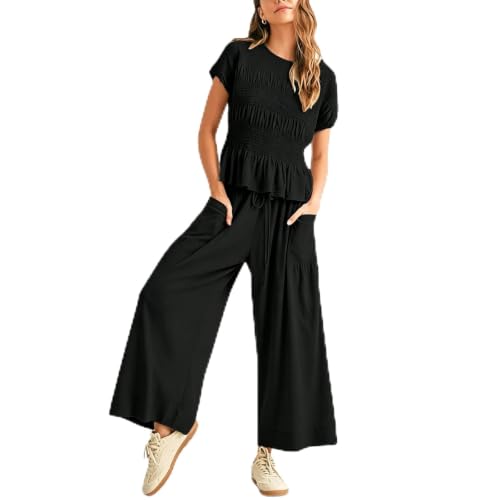 Conjunto de dos piezas para mujer con top peplum con volantes y estampado fruncido de manga corta