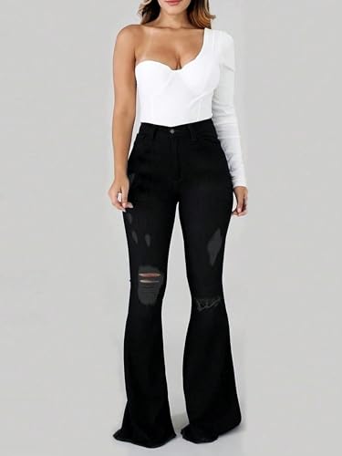 Women's High Waisted Flared Jeans Pull On Ripped Distressed Wide Leg Jeans Stretchy Denim Pants, Bootcut Pants2