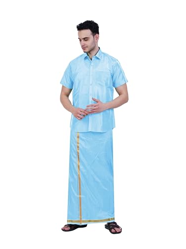 Image of PRAKASAM COTTON-Mens Art Silk Wedding Set /Art Silk 8 Mulam (8-Yard) Dhoti and Stitched Shirt for mens