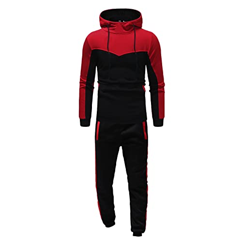 Survêtement de jogging homme chaud deux pièces style patchwork ensemble à capuche rouge L
