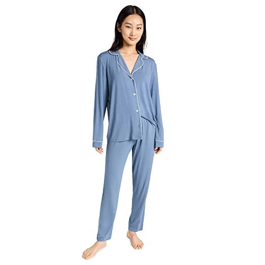 Eberjey Women's Gisele The Tuxedo Slim PJ Set, Coastal Blue/Ivory, XS