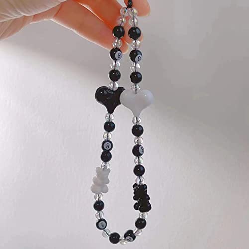Beaded Phone Charm, Fashion Acrylic Phone Lanyard Wrist Strap Heart Clay Beads With Anti Lost Women Phone Chain Keychain (Black Heart-1) #TOP4