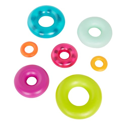 Image of B. toys Rainbow Rings Stacking Rings Teether Rattle Baby Toy Set, 9 Pieces | 9-piece rainbow ring stacker with 2 teething rings, 2 rattle rings, base and top ball; easy to grasp, Baby; 6+ Months