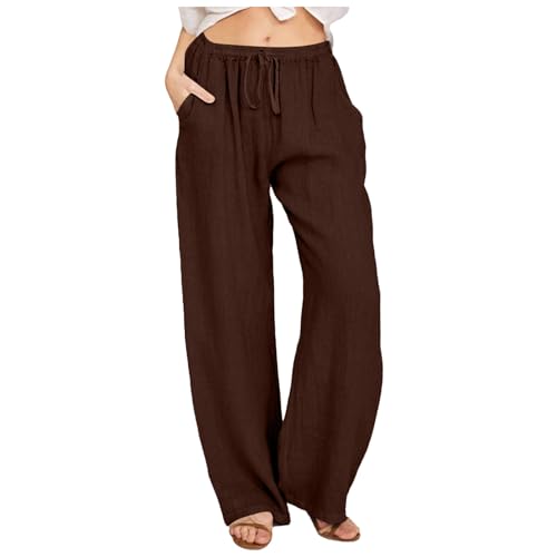 generic Women's Casual Linen Pants Summer Drawstring Elastic Waist Wide Leg Pants Cotton Lounge Trousers with Pockets
