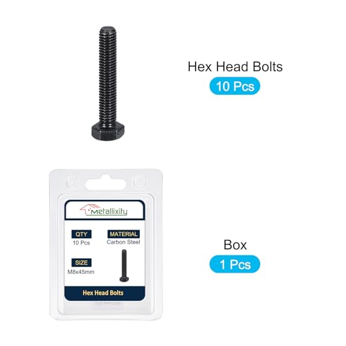 Image of METALLIXITY Hex Bolts (M8-1.25x45mm) 10Pcs, 8.8 Grade Carbon Steel Fully Threaded Black Oxide, Coarse Thread UNC Hex Head Screw Bolt - for Furniture Repair