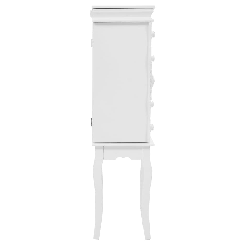 Wolnostojąca szafka na biżuterię, biała, 34 x 26 x 94 cm, płyta MDF i drewno sosnowe, elegancki mebel do salonu, sypialni, korytarza, wszechstronne przechowywanie biżuterii, akcesoriów
