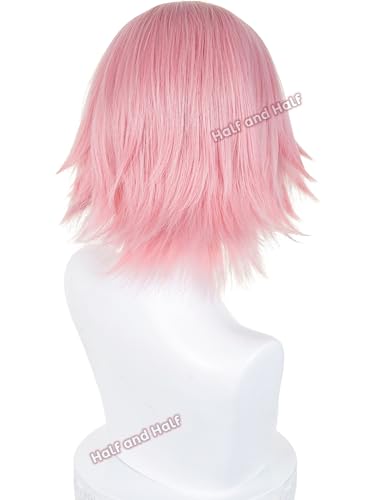 Image of Half and Half Short Pink Anime Cosplay Wig Light Pink Fluffy Spiky Layered Wigs with Widow's Peak for Women Halloween Party Daily