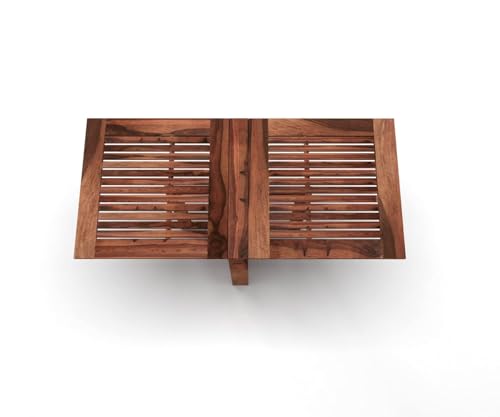 Image of Solid Sheesham Wood Foldable Dining Table Compact Design (Strip Top, Honey Finish)