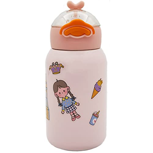 Lanhuilin-Duck Mug Kids Insulated Water Bottle With Straw Flip-Top ,Spill Proof Insulated Stainless Steel Thermos With Straw , Bpa Free Food Grade Vacuum Tumbler With Handle 14Oz, (Pink) #TOP25