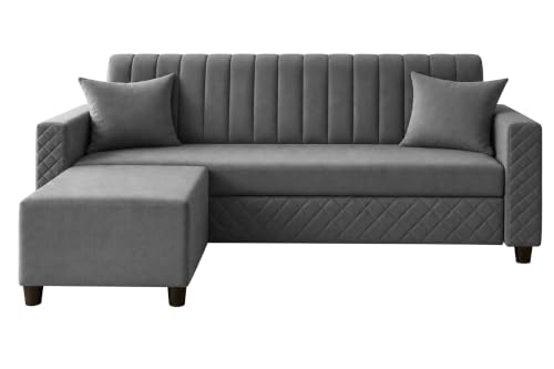 Image of 3 Seater Velvet Sofa with Ottoman | Modern Upholstered Couch | Quilted Design | Soft Comfortable Seating | Sturdy Wooden Frame | Living Room, Office - Grey