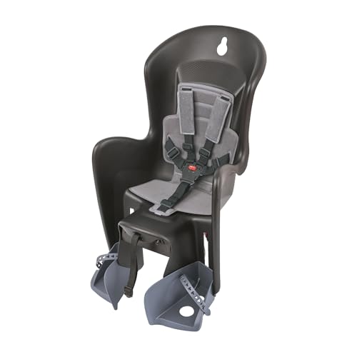 Polisport 8632200029 Bilby CFS AMZ Silla Trasera Infantil, 9 Meses–6 Años, Arnés Acolchado 5 Puntos, Reposapiés Ajustables, Compatible con Portabultos, Negro/Gris Oscuro