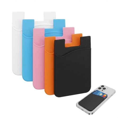 Shingidea 5pcs Phone Card Holder, Ultra Slim and Strong Adhesive Silicone Phone Wallet Stick On, Card Holder for Back of Phone Case, Compatible for iPhone/Android/Universal Smartphones