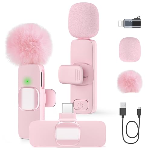 Mini Wireless Lavalier Microphone for iPhone 16/15/14/Android Lapel Mic with Noise Reduction 12H 65ft Pink Tiny Microphone Content Creator Interview for Vlog YouTube TikTok Recording (Pink)