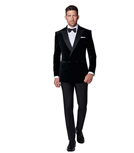 Men Double Breasted Peak Lapel Velvet Blazer Tuxedo Wedding Prom Groom 2 Pieces Suit Jacket Pants