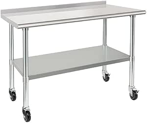 HARDURA Stainless Steel Table 24 x 48 Inches with Wheels Casters NSF Heavy Duty Commercial Prep Table with 2” Backsplash and Adjustable Undershelf for Restaurant Kitchen Home and Hotel