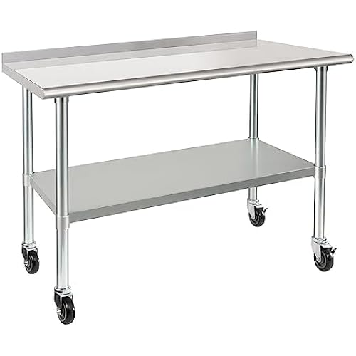 HARDURA Stainless Steel Table 24 x 48 Inches with Wheels Casters NSF Heavy Duty Commercial Prep Table with 2” Backsplash and Adjustable Undershelf for Restaurant Kitchen Home and Hotel