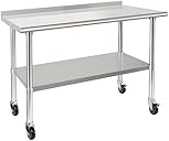 HARDURA Stainless Steel Table 24 x 48 Inches with Wheels Casters NSF Heavy Duty Commercial Prep Table with 2” Backsplash and Adjustable Undershelf for Restaurant Kitchen Home and Hotel