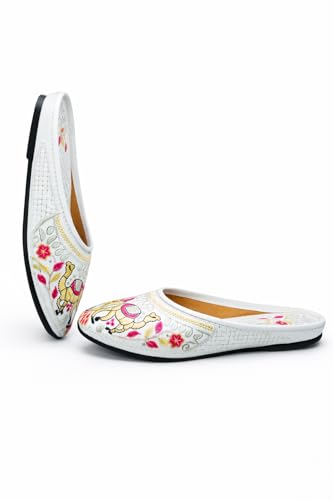 Image of Women's Ethnic Embroidered Jutti | Off-White Traditional Slip-On Mojari with Camel Motif Embroidery | Comfortable Ethnic Wear