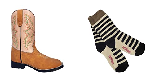 TuffRider Children's Everglades Square Toe Western Boot- Tan w/Light Tan-With Free Assorted Striped Socks