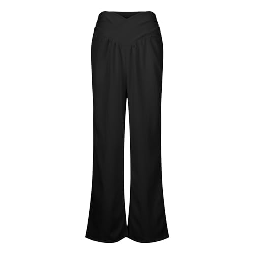 Wide Leg Palazzo Pants for Women Casual Beach Flowy Linen Pants Crossover High Waisted Long Lounge Pants with Pockets4