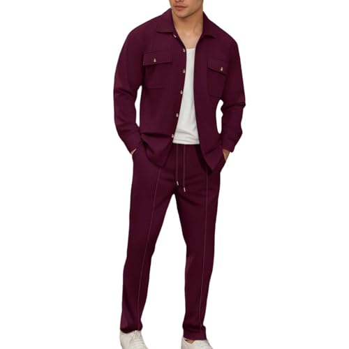 Generisch 2025 Herren-Set aus Strick-Langarmhemd und Hose, lässige Arbeitskleidung, Zwei Taschen, Reine Farbe, Outfit, bequem, stilvoll (Brick Red, S) Winter