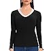 Joyshaper T-shirt à manches longues pour femme - Col en V - Sous-vêtements thermiques - Dentelle - Blouse thermique - Haut à manches longues - Élégant - En polaire, Noir , M