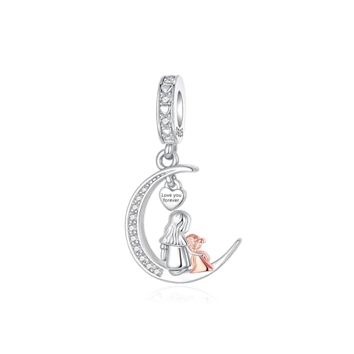 BIZK 925 Sterling Silver Charm Fits Bracelets and Necklaces Charms for Women Fashion Jewelry for Women Lover Mother and Friend (Mom Daughter Moon)