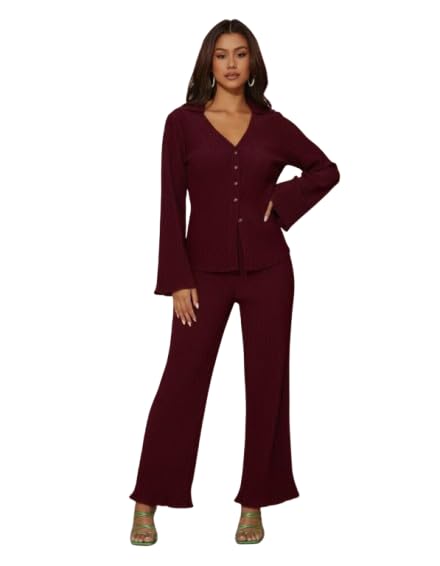 rydokxana Co-Ord Set for Womens Stylish | Button Front Top & Wide Leg Pants | Stylish Lounge, Party & Casual Outfit | Full Sleeve.-picture-30