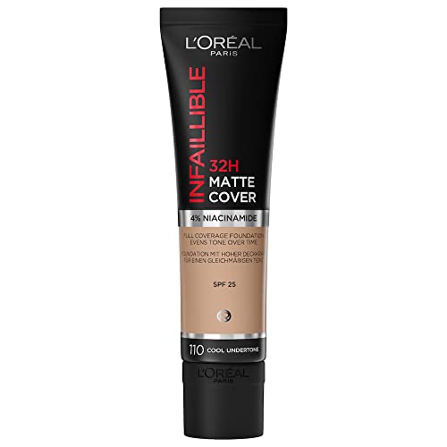 L'Oreal Paris Cover Liquid Foundation, With 4% Niacinamide, Long Lasting, Natural Finish, Available in 20 Shades, SPF 25, Infallible 32H Matte Cover, Shade 155, 30ml