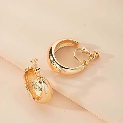 Gold Hoop Clip On Earrings - Stylish Minimalist Adjustable Comfortable Huggie Screw Back No Piercing Fake Chunky Clip On Earrings For Women Teen Girls Unisex Kids #TOP1