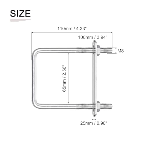 Image of DTGN M8x65x110mm(ThreadxWxL) Square U Bolt - 2Pack - Good for Trailer Pipe Replacement Parts - 304 Stainless Steel U Shape Bolts