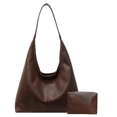 Image of Leather Hobo Bags for Women Slouchy Tote Bag Retro PU Leather Purse Soft Shoulder Handbags Large Work Tote Bag 2pcs