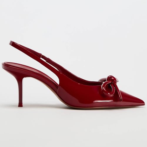 Kluolandi Red Kitten Heels for Women Closed Toe with Bow Slingback Pumps Low Heel Sandals Wedding Shoes4