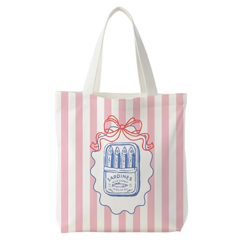 KEUSPI Coquette Tinned Sardine Blue Coastal Beach Tote Bag for Women, Preppy Pink Bow Striped Coastal Granddaughter Canvas Tote Bag, Fishing Lover Gifts, Nautical Ocean Reusable Shopping Grocery Bags