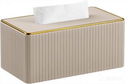 Richblue ティッシュケース ティッシュボックス PUレザー 箱ティッシュ ゴールド縁取り 縦ストライプ おしゃれ ティッシュケース 高級 ティッシュボックス リビング用 (ベージュ)