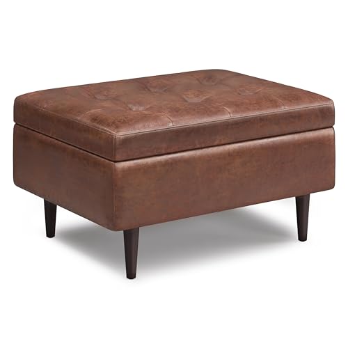 SIMPLIHOME Shay 34 inch Wide Mid Century Modern Small Rectangle Coffee Table Storage Ottoman in Distressed Saddle Brown Vegan Faux Leather, Assembled, For the Living Room, Entryway and Family Room