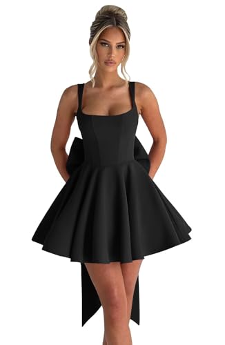 Image of Basgute Satin Short Homecoming Dresses with Bow Corset HOCO Dress A Line Mini Formal Prom Graduation Gown