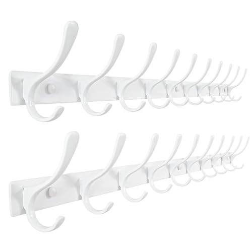 SKOLOO Coat Rack Wall Mounted - 10 Hooks, Pack of 2, Heavy Duty, Stainless Steel, Metal Wall Coat Hanger, Sturdy Wall Hooks for Hanging Coat, Jacket, Clothes, Hat, White by SKOLOO - Used condition - CA$69.80