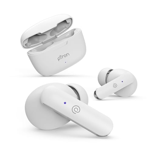 Ptron Bassbuds Duo New Bluetooth 5.1 Wireless Headphones, 32Hrs Total Playtime, Stereo Audio, Touch Control Tws, Dual Hd Mic, Type-C Fast Charging, Ipx4 Water-Resistant & Voice Assistance (White)
