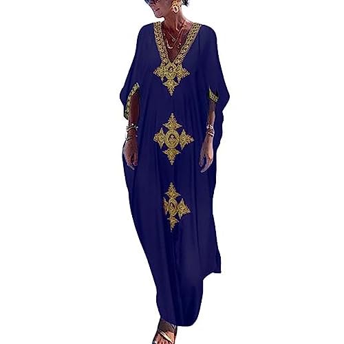 Bsubseach Gold Embroidery Long Kaftan Dresses V Neck Caftan Dress Beach Cover Ups for Women Embroidery W-dark Blue