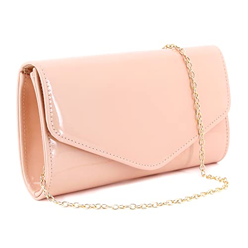 Elenint Womens Bright Patent PU Leather Clutch Purse Lady Shoulder Bag Envelope Bag Handbag for Wedding Prom Party, Nude Pink