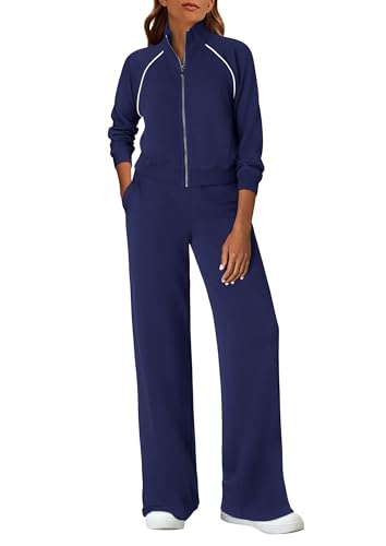 Recopilación de Chándales para Mujer que puedes comprar esta semana. 41 PRETTYGARDEN - Conjunto de 2 piezas para mujer, sudadera con cierre completa, pantalones de entrenamiento a juego, conjunto de chándal para mujer, Azul marino, M