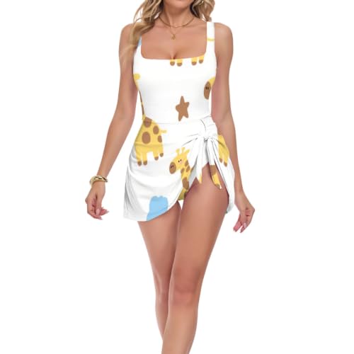 Maillot de bain anti-glisse à double bretelles, maillot une pièce girafe jaune pour femme