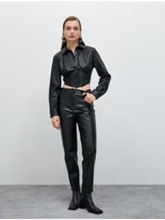 Koton Kadın Suni Deri Crop Gömlek Korse Detaylı Siyah, 42 - Görsel 5