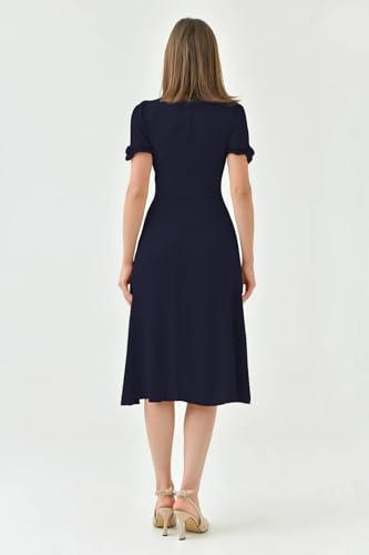 Image of Shasmi Girl's & Women's Solid Midi Dress - Elegant Square Neck Button-Down Dress with Puff Short Sleeves | Stylish Casual & Party & Office Wear Outfit (Dress 105)