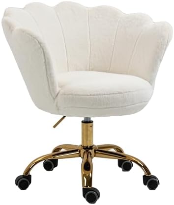 ZOBIDO Comfy Home Office Task Chair with Wheels, Cute Modern Upholstered Velvet Seashell Back Adjustable Swivel Vanity Desk Chair, for Women, for Kids, for Girls, Living Room, Bedroom(White Plush)